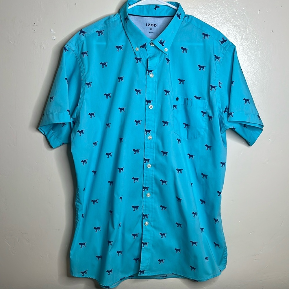 Izod Blue casual collared button down shirt dog pattern XL